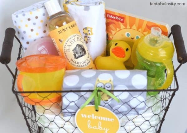 metal basket filled with baby items