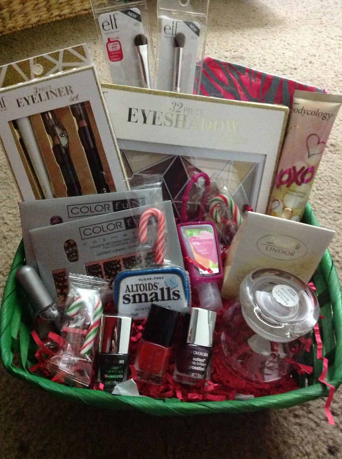 basket of makeup and nail supplies