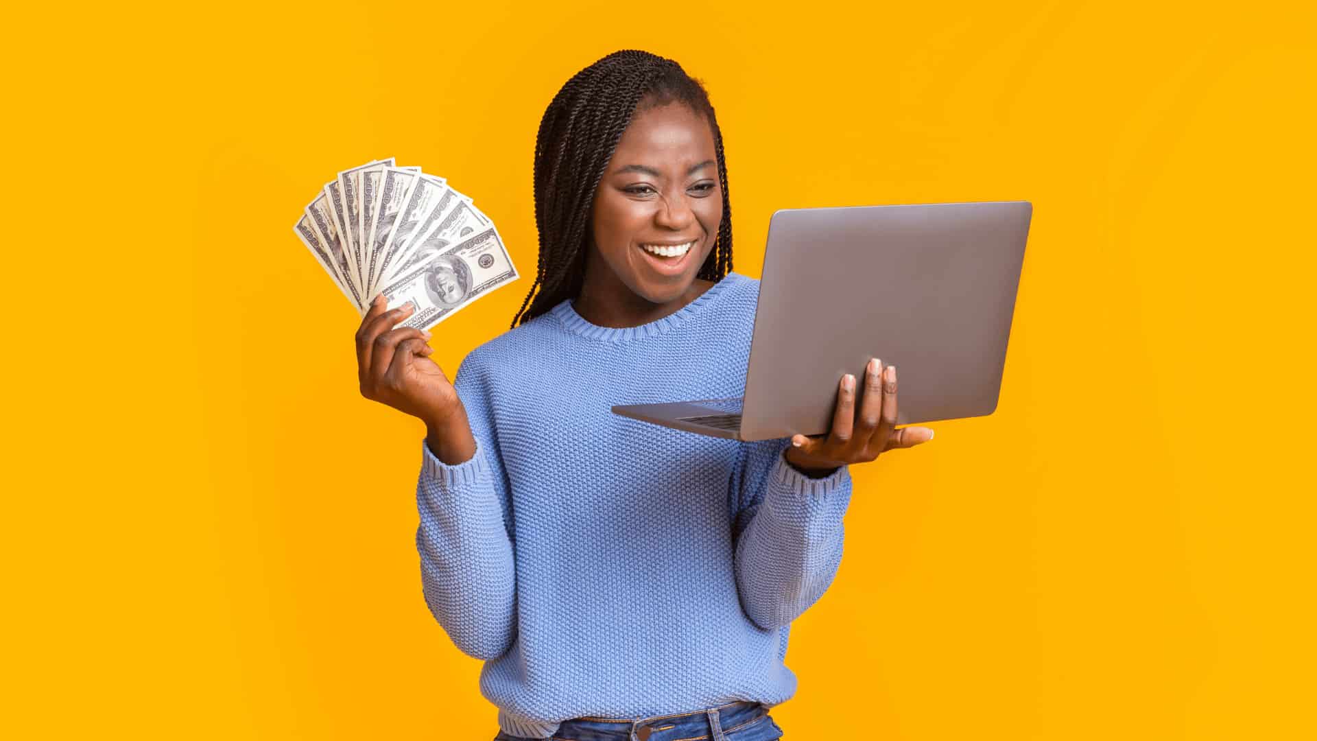 graphic of young black woman holding a laptop in one hand and cash in the other yellow background