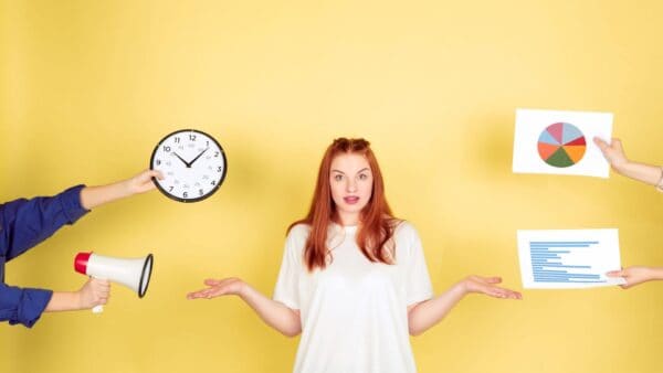 graphic of young woman overwhelmed with demands at work yellow background