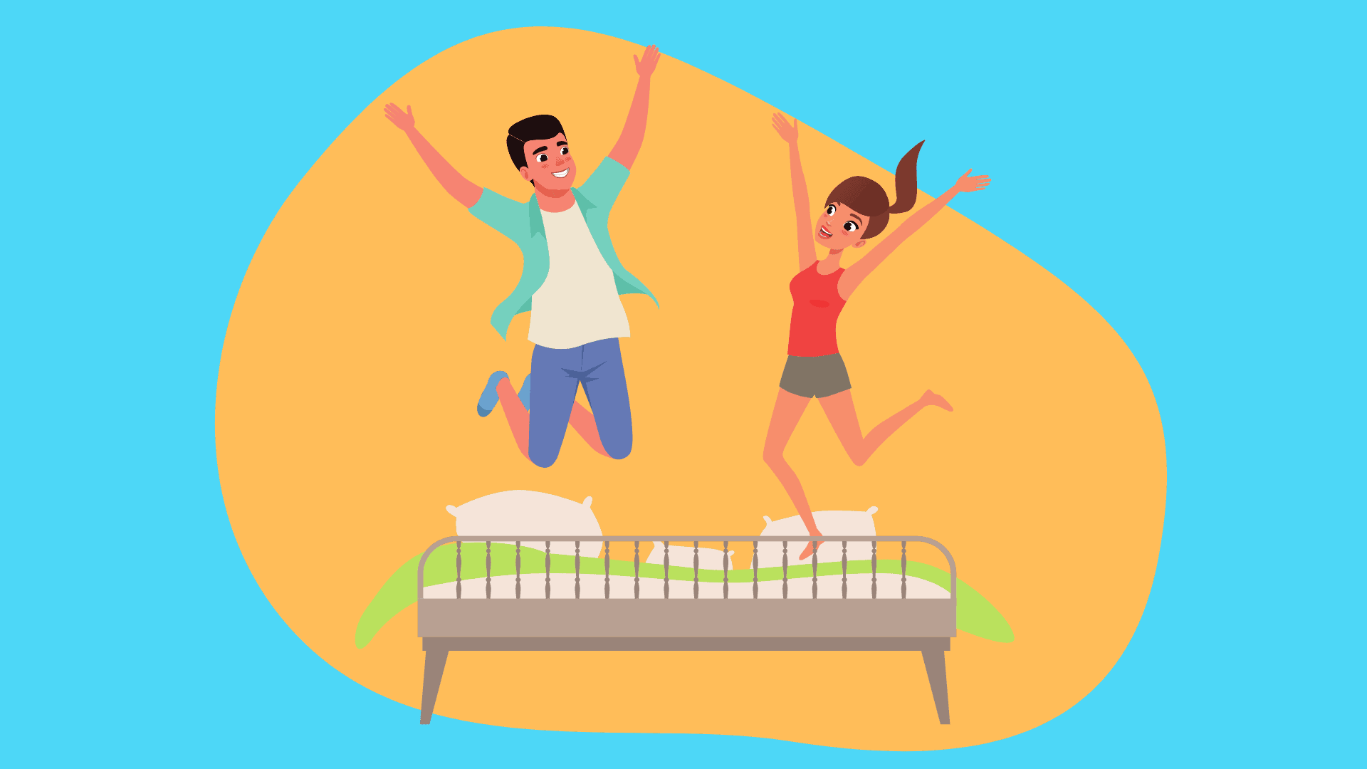 graphic of happy couple jumping on bed romantic staycation ideas for couples
