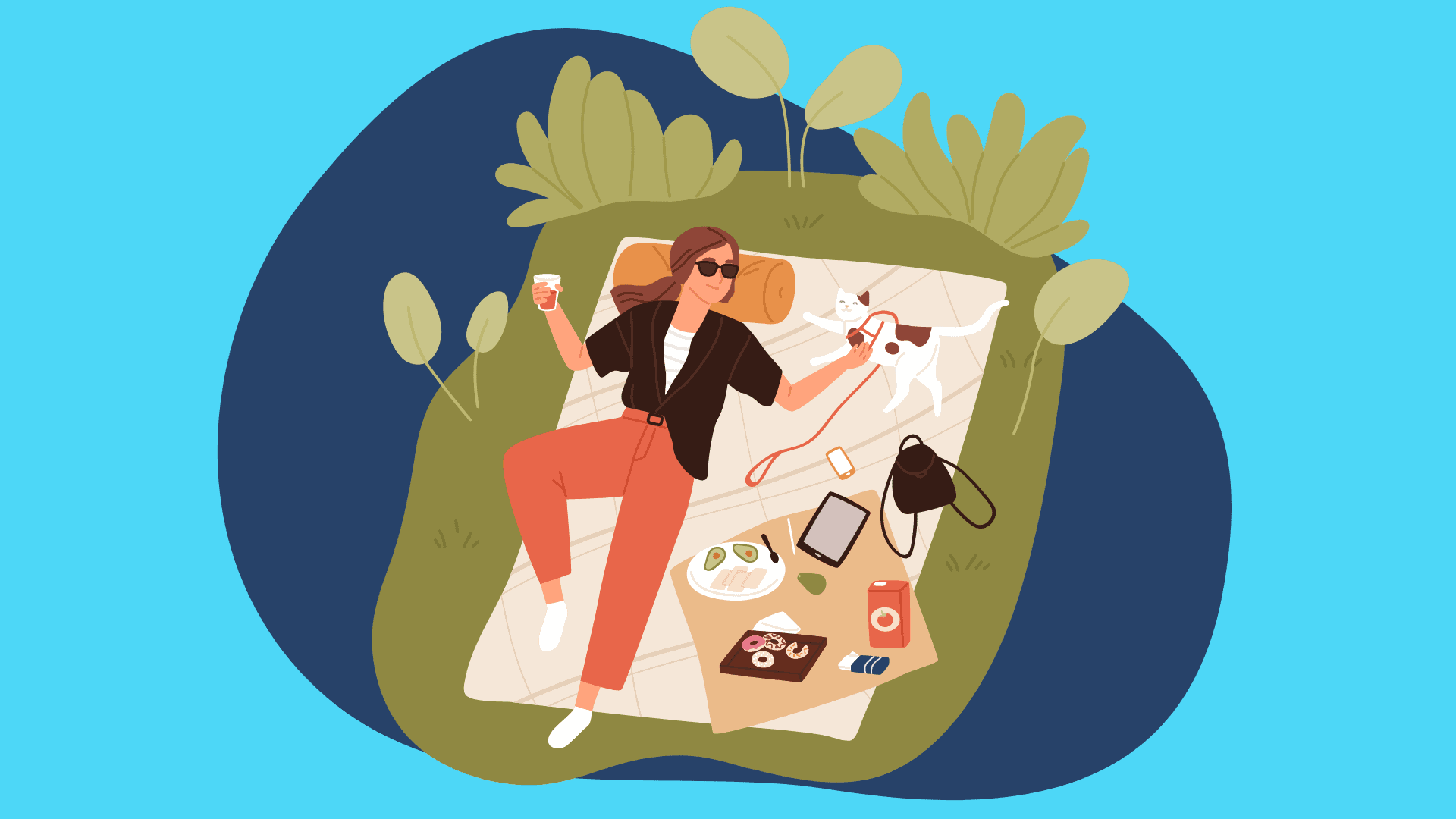 graphic of woman with a cat laying on a blanket enjoying a picnic solo staycation ideas