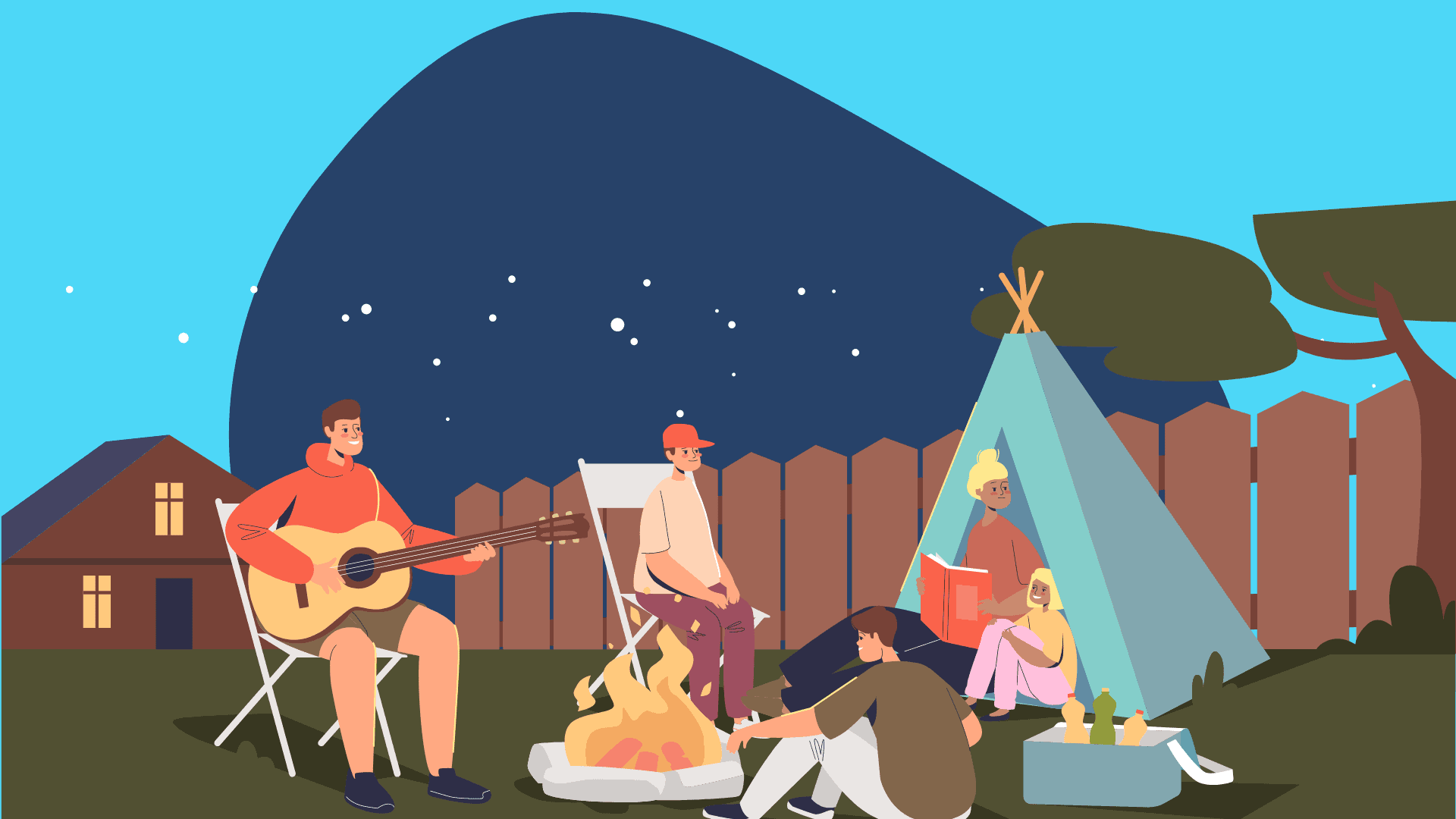 graphic of family camping in their backyard staycation ideas for families
