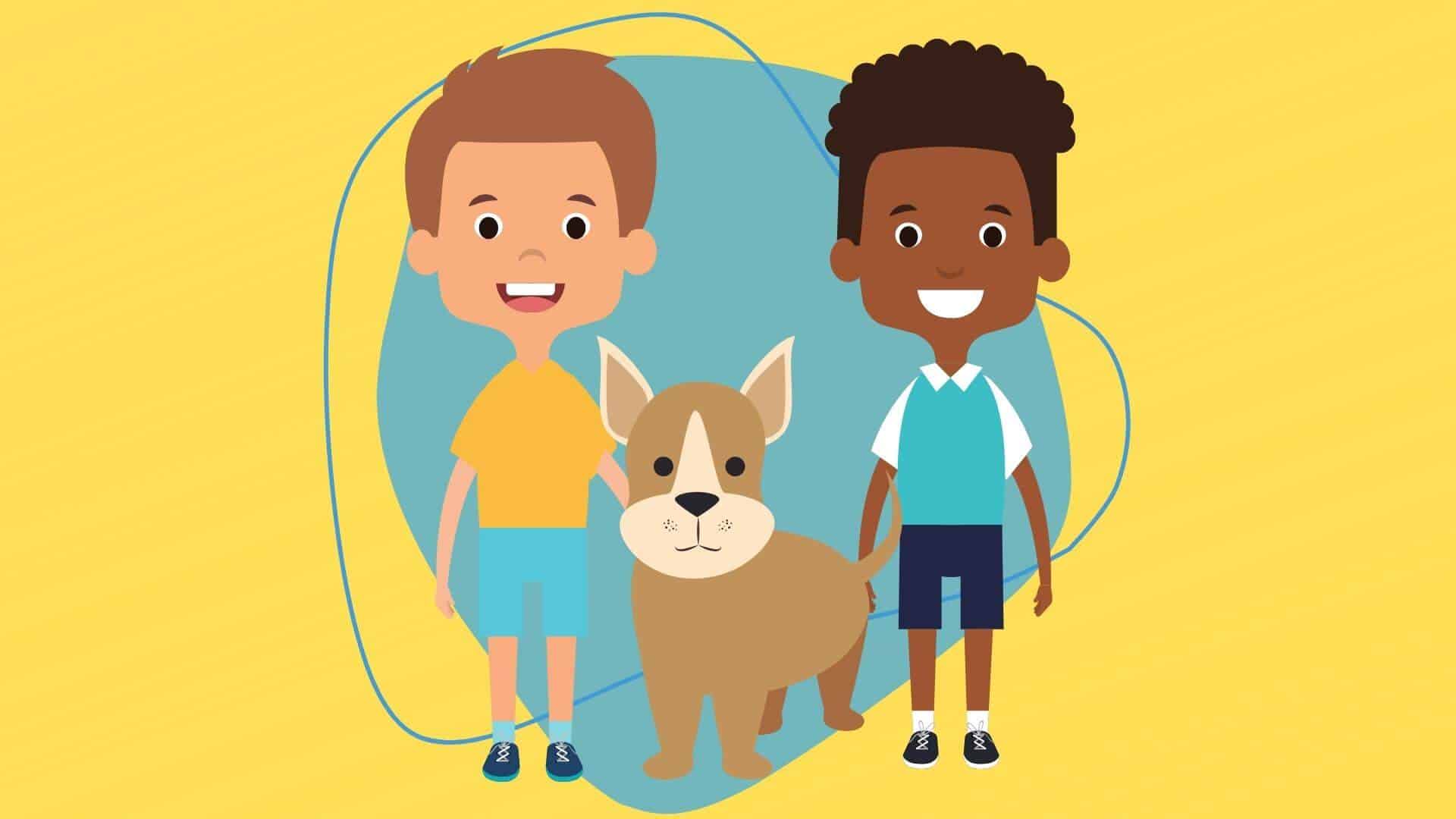 volunteer jobs for kids graphic of two young boys with a dog

