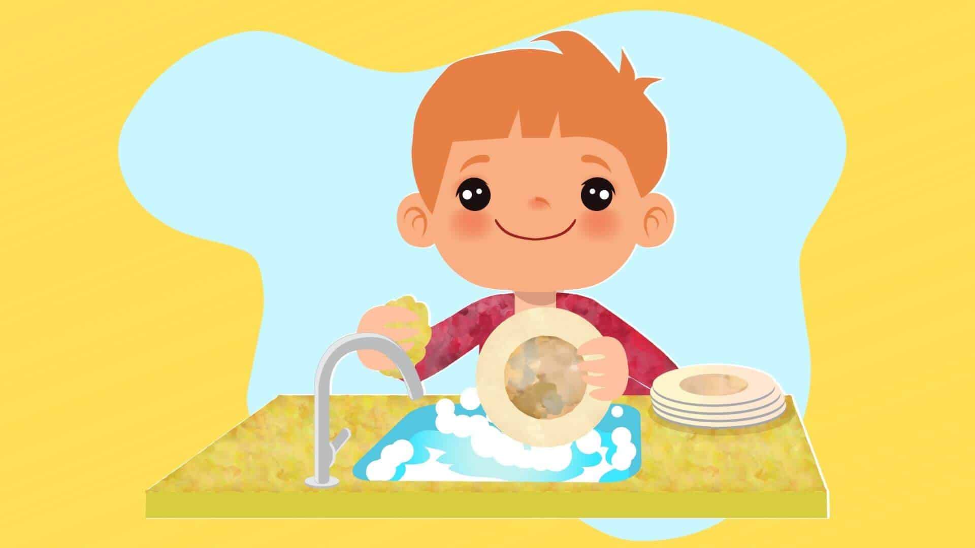 work at home jobs for 10 year olds graphic of young boy with red hair washing dishes
