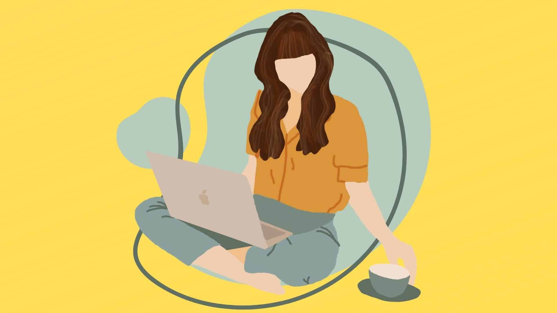 how to get paid to read emails graphic of young woman with a cup of tea sitting on floor with laptop computer 