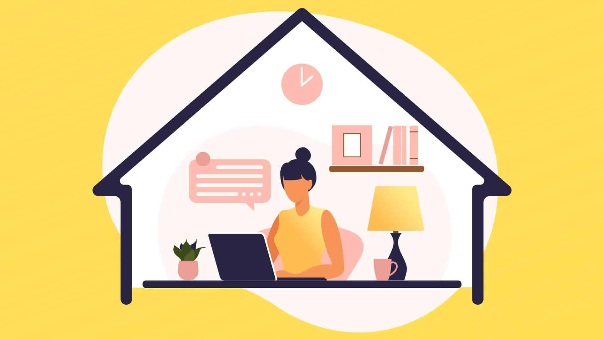 graphic of woman working from home on a laptop computer answering emails
