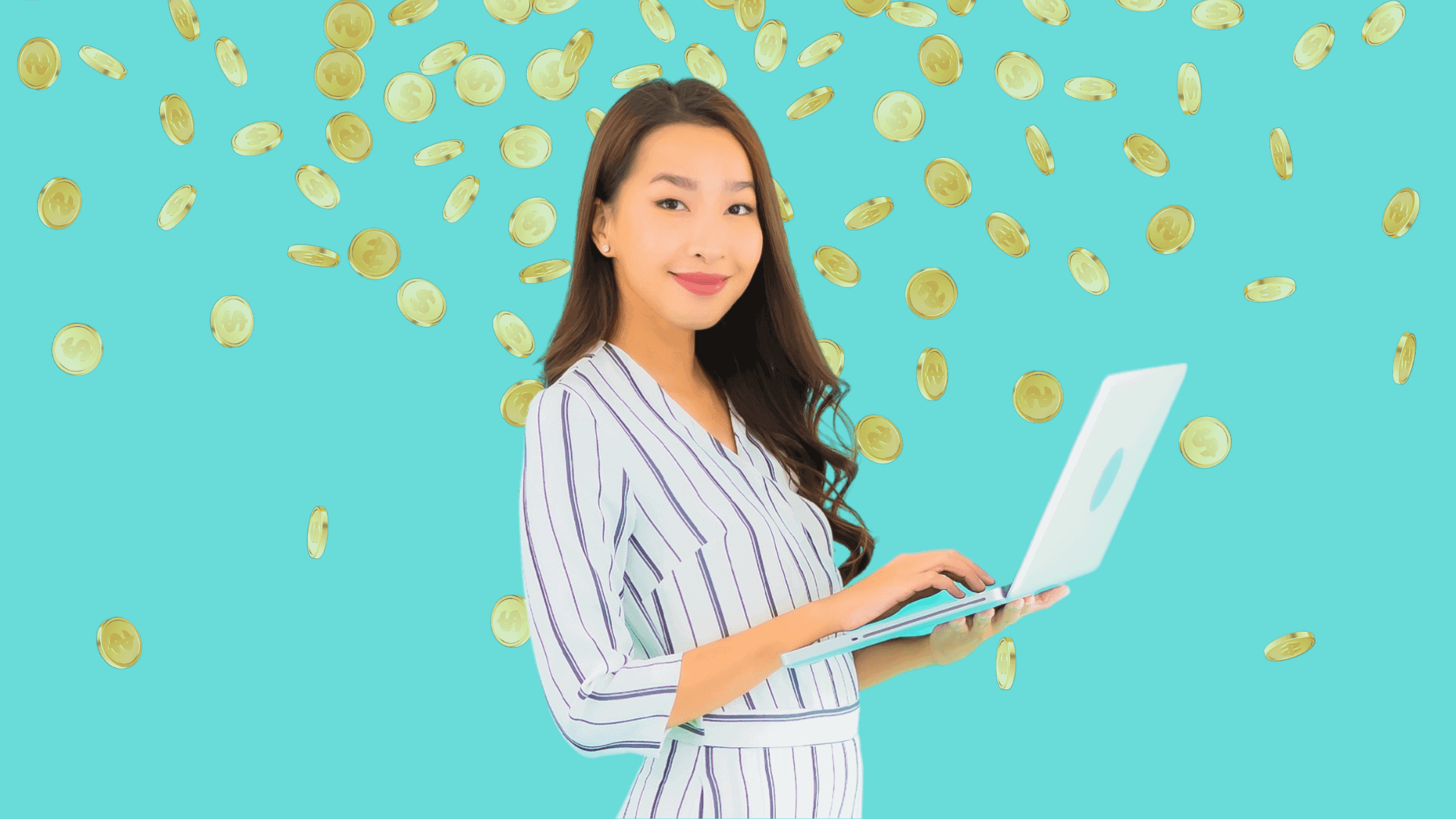 graphic of asian woman holding a laptop with coins falling around her in the background. get paid to read emails