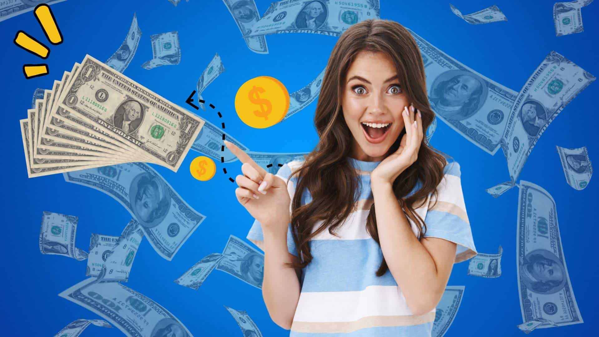 graphic of a happy woman pointing at $100 bills falling down make money fast as a woman
