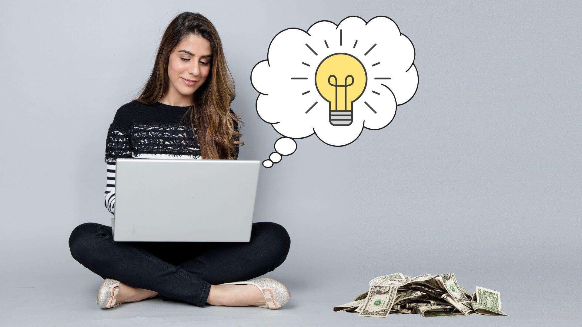 graphic of woman sitting on floor working from home on a laptop online jobs from home without investment