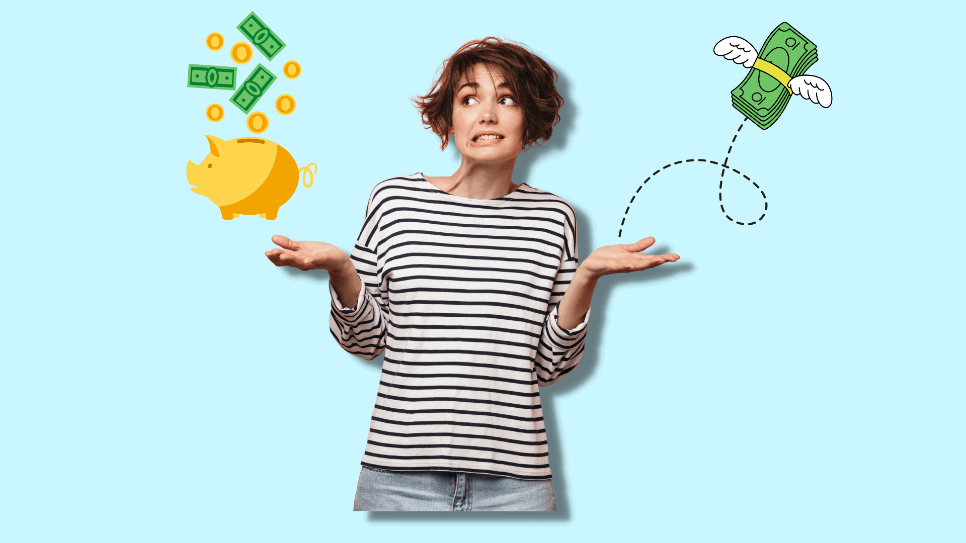 graphic of confused woman holding out hands with money flying out of one and a piggy bank with savings in the other light blue background
